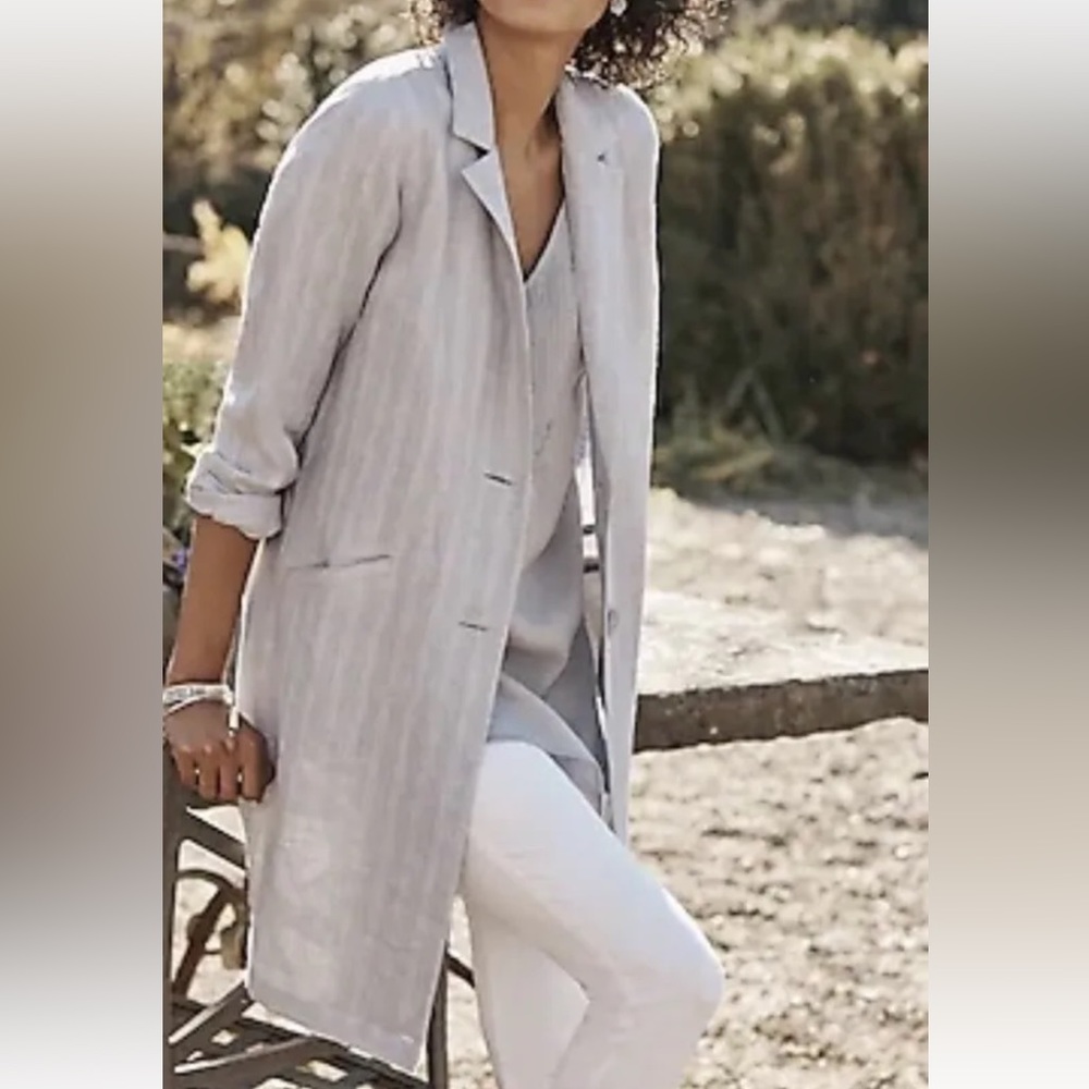 J Jill Linen Relaxed Stripe Longline Unstructured Blazer Light Gray Button-M